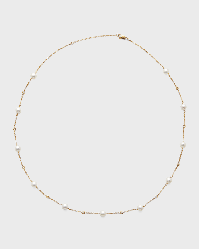 18K Yellow Gold 6mm White Akoya Pearl and Diamond Necklace, 16-18"L